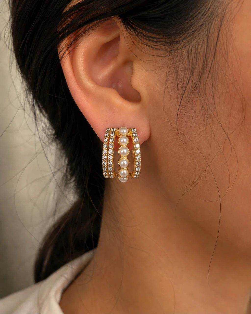 Elegant Crystal and pearl Half hoop studs - Image 4