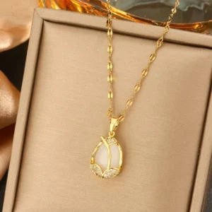 Rose Design Stainless Steel Pendant Gold-plated Crystal